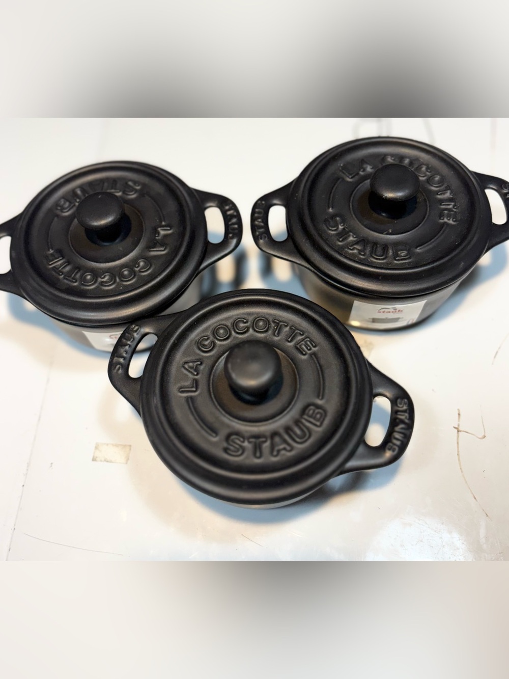 3 Staub Ceramic Mini Round Cocottes in matte black with lids